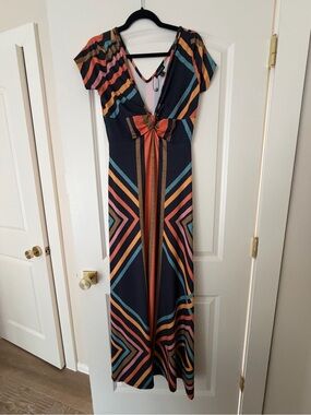 Zinzane Navy Maxi Dress with Coral, Teal & Mustard Stripes